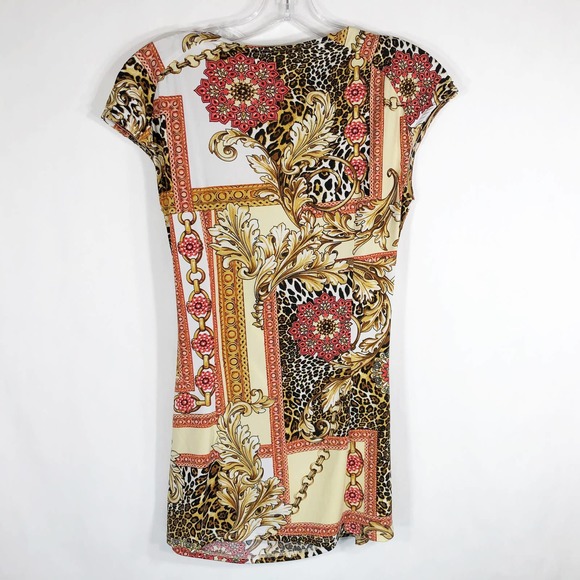 Cache Small Top Blouse Drape V Neck Faux Wrap Gold‎ Red Regal Animal Leaf 913 - Picture 2 of 7